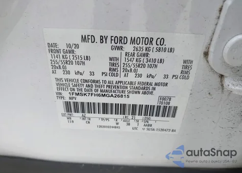 2021 Ford Explorer Limited z USA, uszkodzony, nr VIN 1FMSK7FH6MGA26815